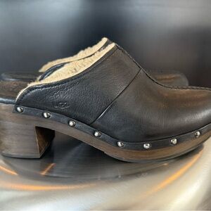 UGG Black Leather Clogs with Shearling Trim